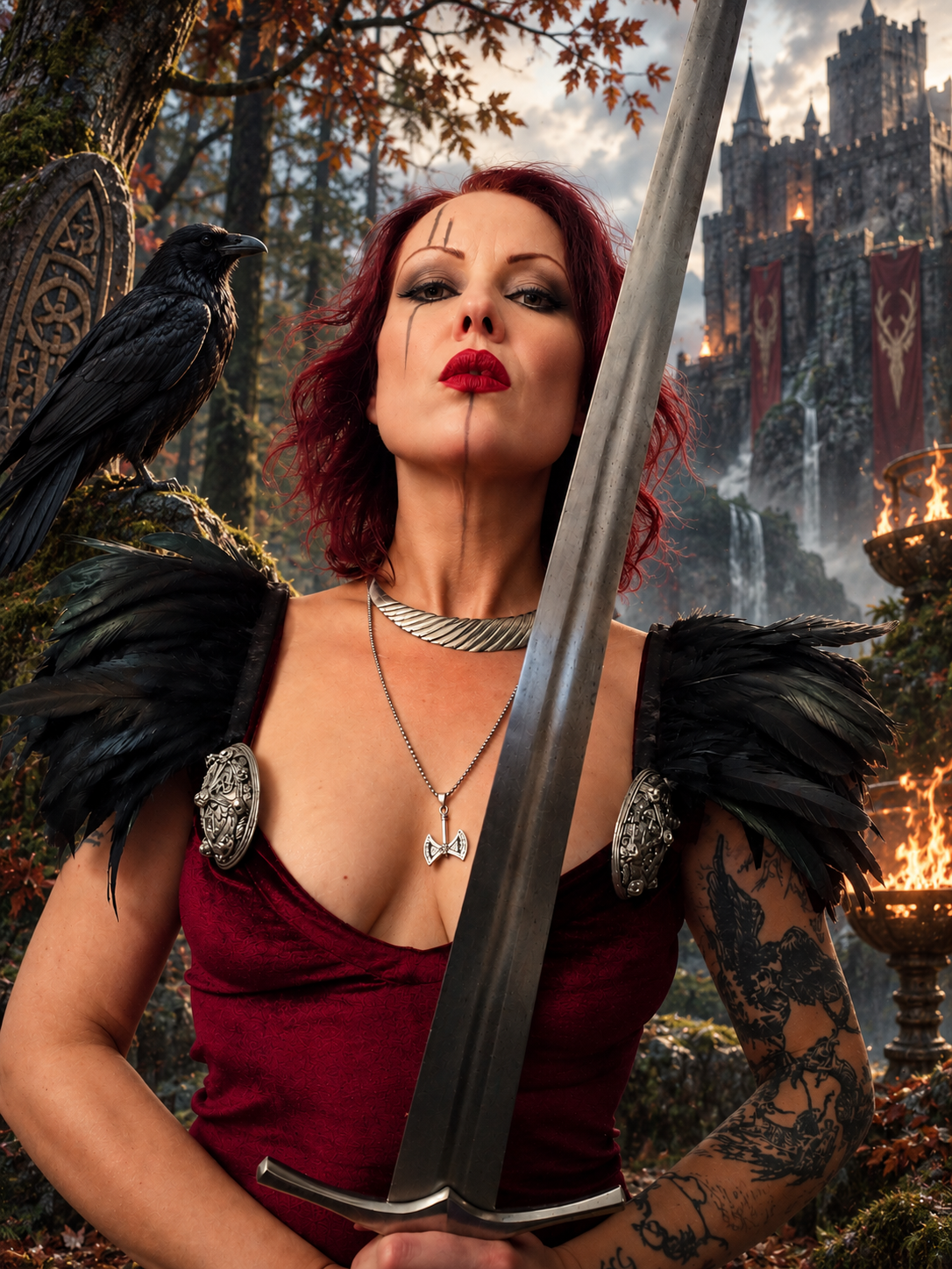 A red-haired warrior in a crimson dress and raven-feather shoulder pieces holding a sword, a raven perched beside her and a castle behind